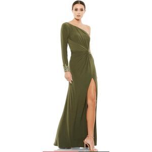 Mac Duggal Ieena 55696 Olive Green Gone Dress One Shouldar Sz 16 Beaded Cuff New